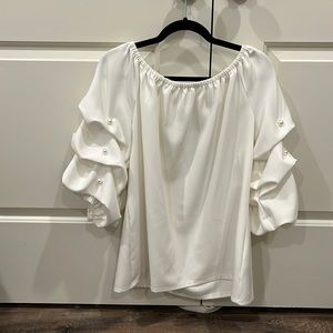 Beautiful white puff sleeve off shoulder dress shirt with pearl detail on sleeve